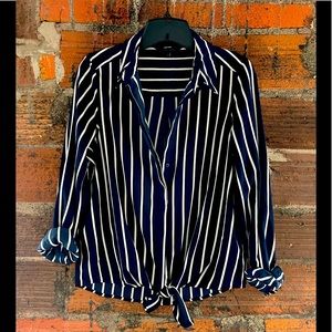 Navy blue white strips button down with tie